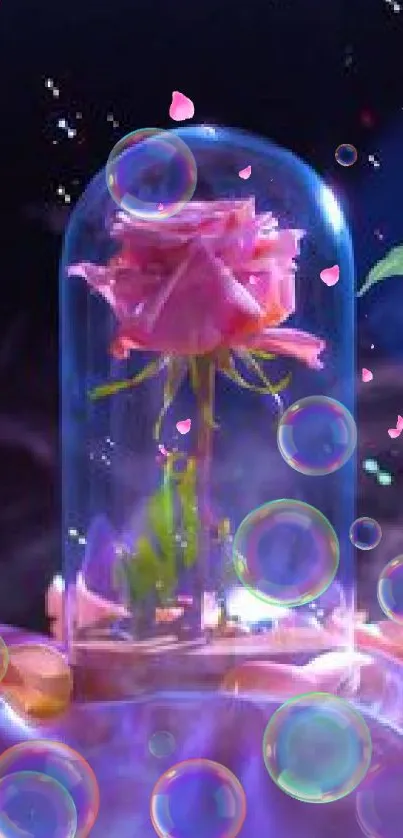 Enchanted rose in glass dome under starry sky.