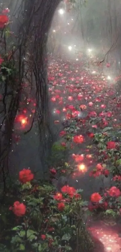 Mystical forest path with red roses and glowing lights.