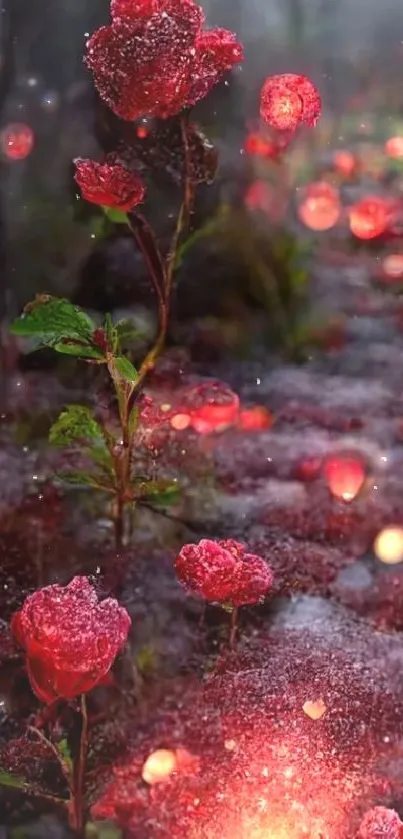 Enchanting pathway with glowing red roses in a mystical forest setting.