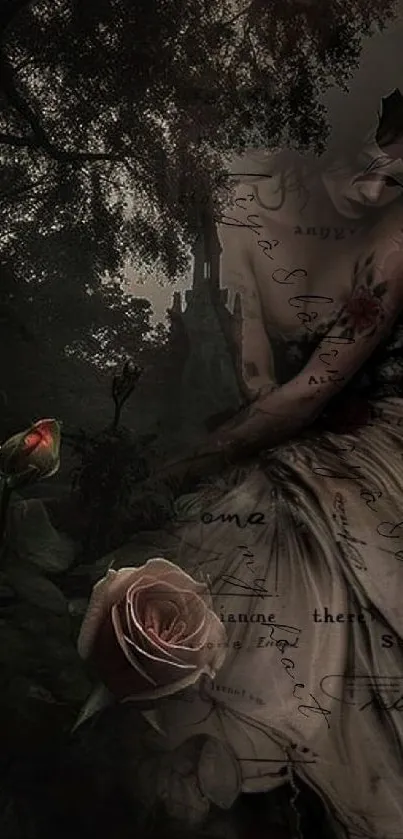 Mystical enchanted rose garden wallpaper with a dark theme.