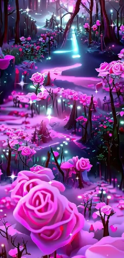 Mystical forest path with glowing pink roses.