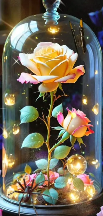 Enchanted rose glowing inside glass dome with magical lights.