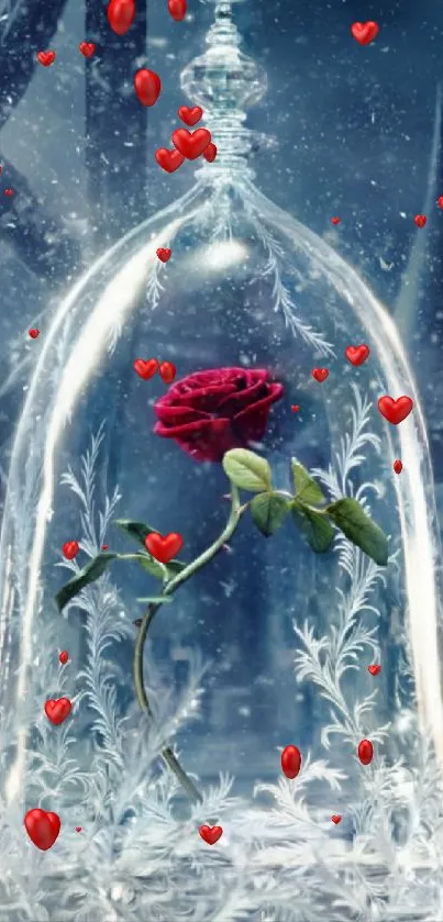 Enchanted glass dome with a red rose inside, set against a mystical blue backdrop.