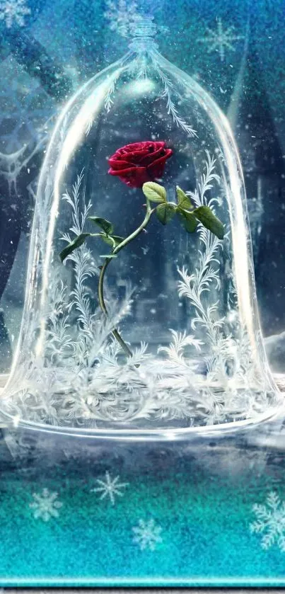 Enchanted red rose under glass dome on frosty cyan background wallpaper.