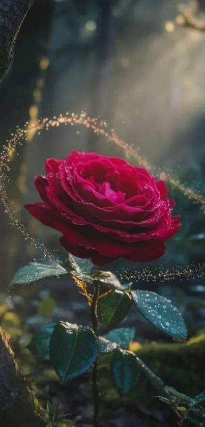 A mystical rose glowing in forest light.