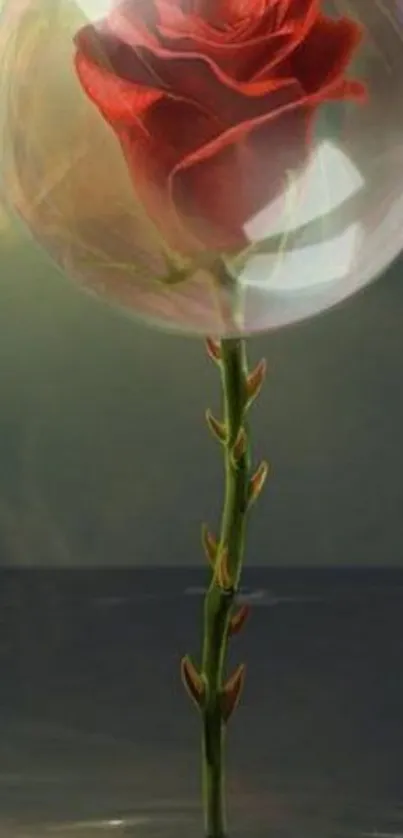 Red rose encased in a glass bubble with a dark mystical backdrop.