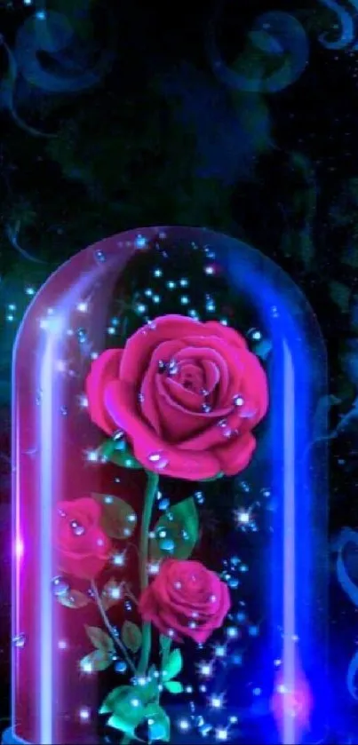 Enchanted rose under glass with blue glow and magical stardust.