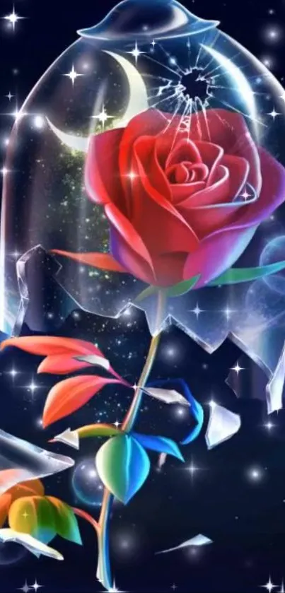 Enchanting mobile wallpaper featuring a rose encased in a glass dome under a starry sky.