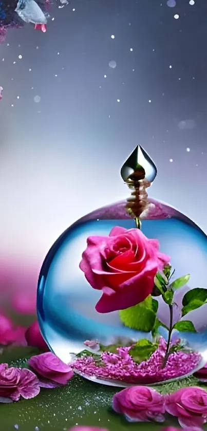 A delicate pink rose inside a shimmering glass globe on a dreamy background.