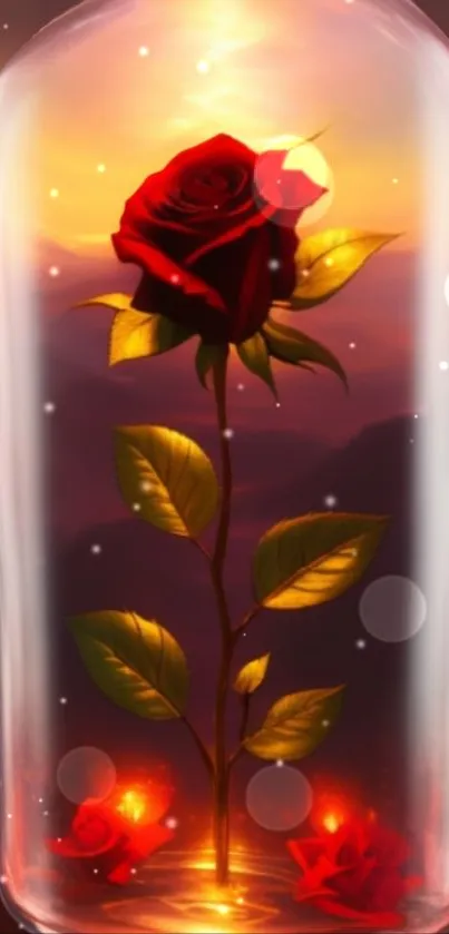 Luminous rose in a jar with magical sunset glow.