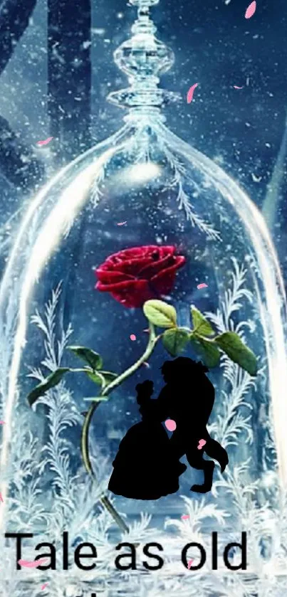 Enchanted rose in glass dome with dark blue background.