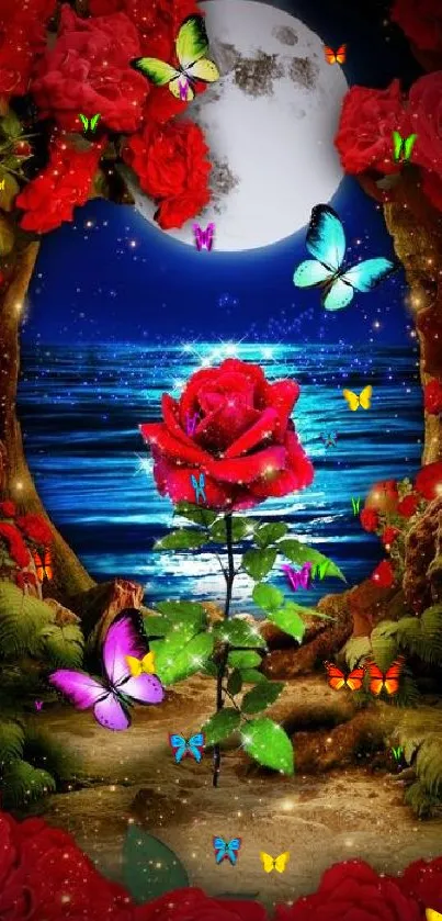 Enchanted night scene with roses and glowing moon in vibrant colors.