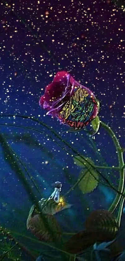 Enchanted rose glowing in a starry night garden.