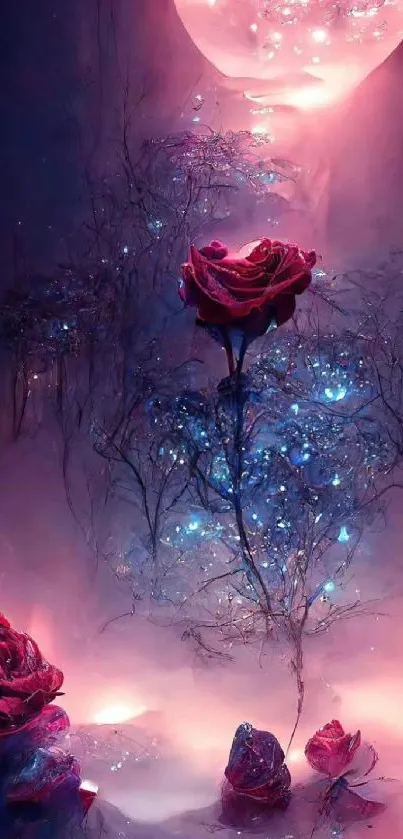 Enchanted roses glimmer under a bright, mystical moon.