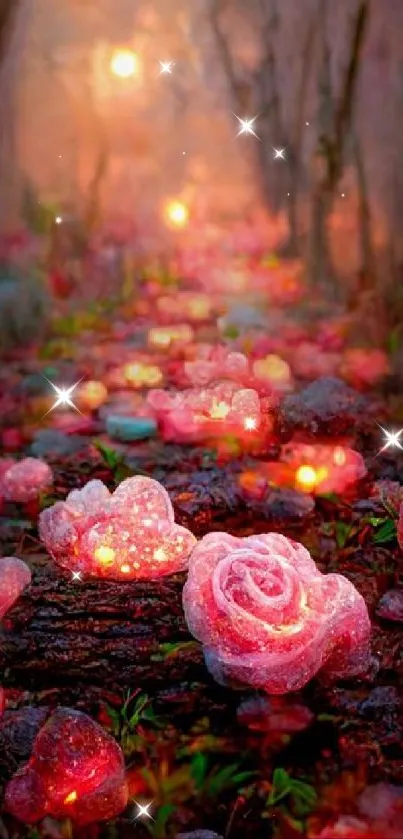 Magical path with glowing rose lights.