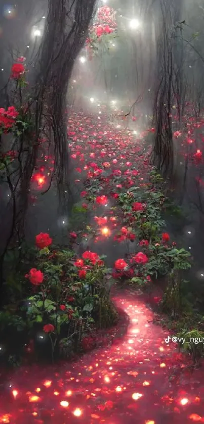 Enchanted path with glowing roses in a mystical forest setting.