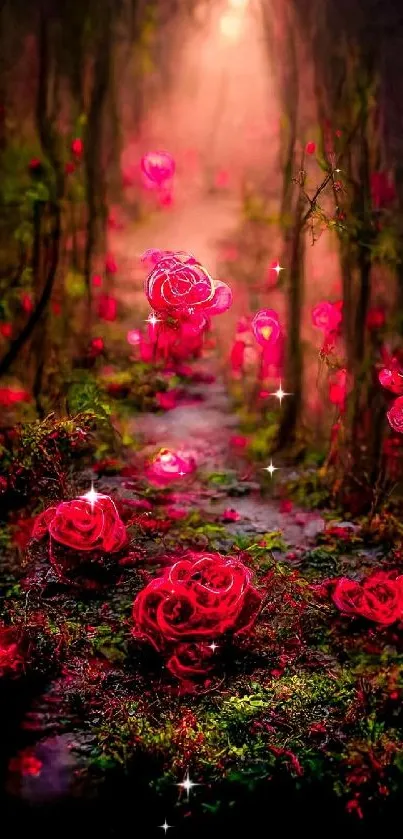 Enchanting rose path in a mystical forest wallpaper.