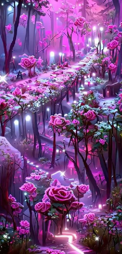 Enchanted pathway in a glowing floral forest with pink roses and mystical lights.