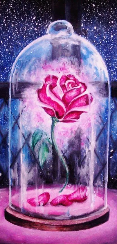 Enchanting rose under a glass dome against a starry sky.