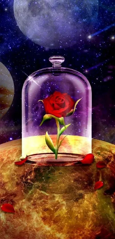 Enchanted rose under glass dome on a cosmic planet in space.