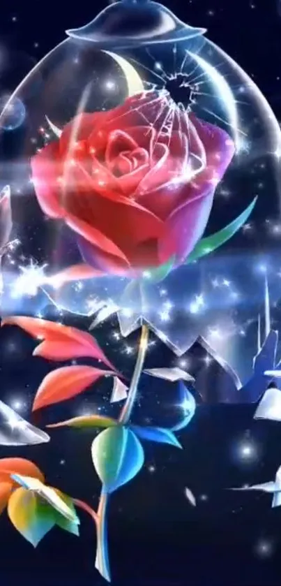 Enchanted rose under cracked glass dome with cosmic vibe.