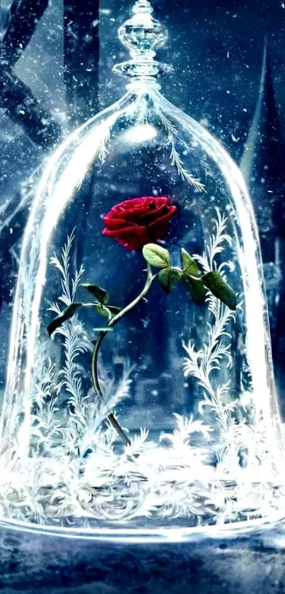 Enchanted red rose inside a glass dome, mystical background.