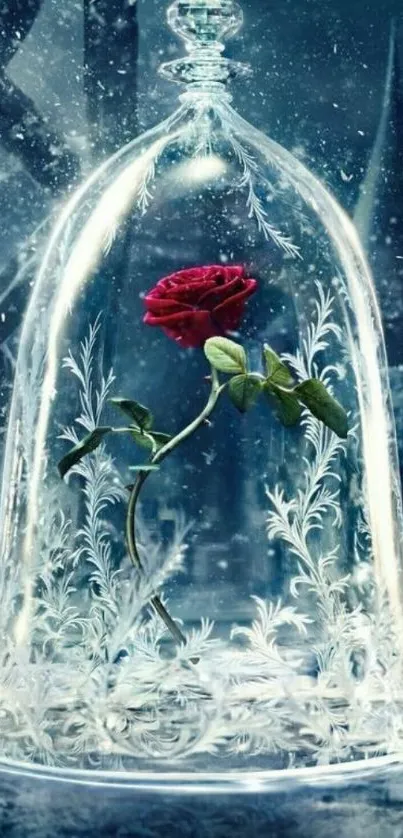 Enchanted red rose under a glass dome with a mystical background.