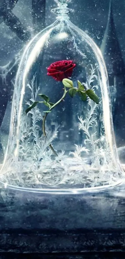 Red rose under delicate glass dome in fantasy setting.