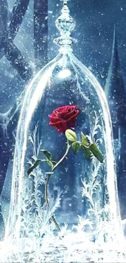 A single red rose under a detailed glass dome with icy patterns.