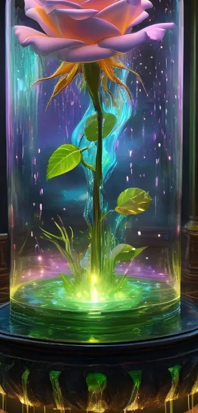 Mystical glowing rose in a glass case.