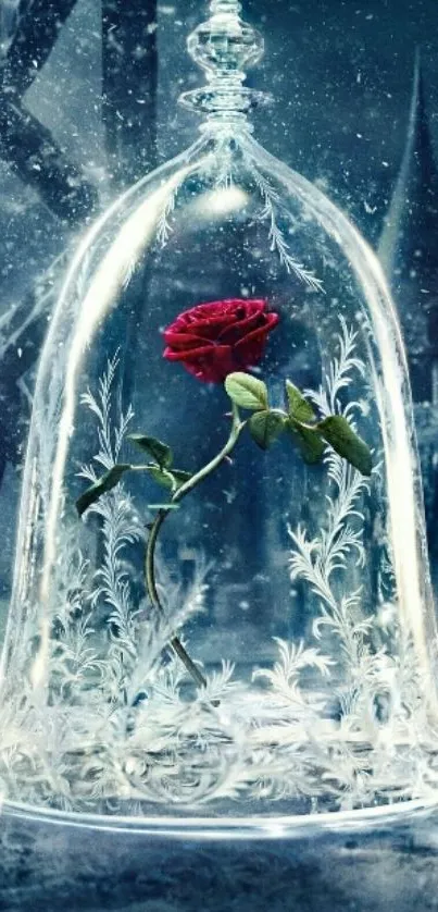 Enchanted red rose beneath a glass dome with mystical background.