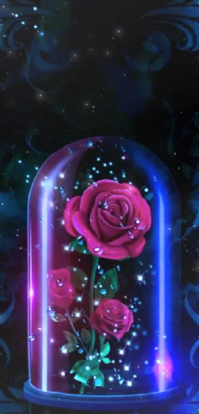 Enchanting rose under a glass dome with sparkles on a dark background.