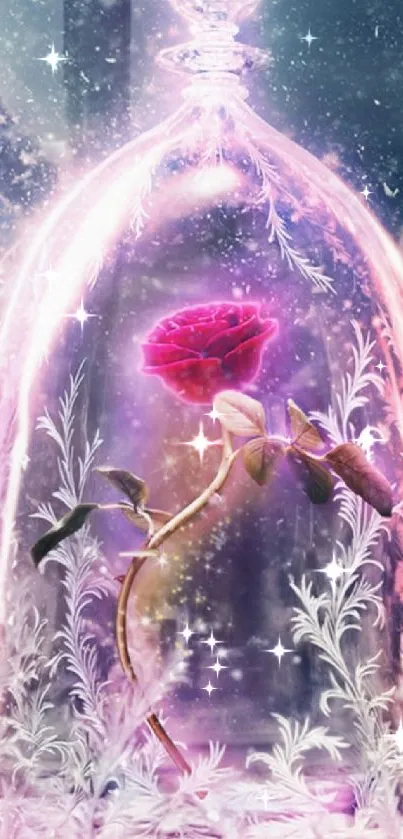 Enchanted rose under a glass dome, glowing in pink light.