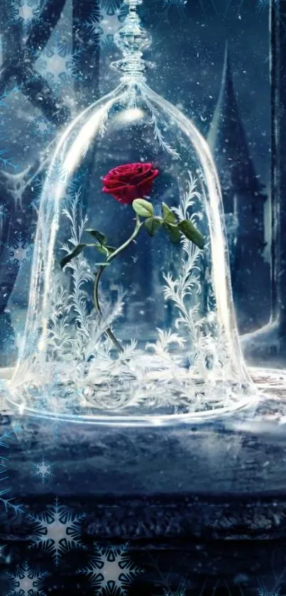 Enchanted red rose under a glass cloche with icy background.