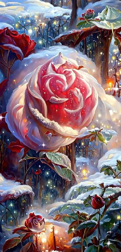 Enchanted snow-covered roses glowing in a mystical winter forest wallpaper.