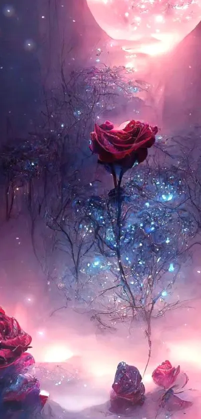 Mystical red roses glowing under a full moon with a fantasy ambiance.
