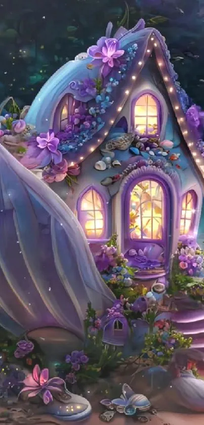 Whimsical seashell cottage with glowing windows and flowers by the seaside at night.