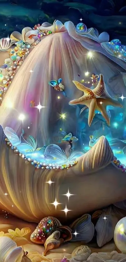 Enchanted seashell with starfish and glowing ocean treasures in a fantasy setting.