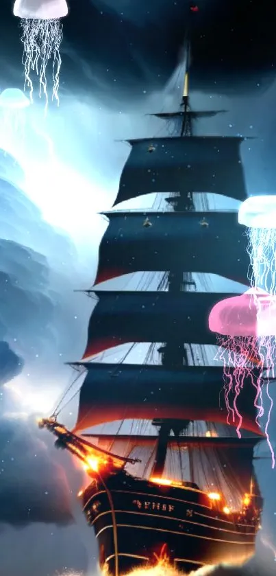 Mystical ship sailing with glowing jellyfish.