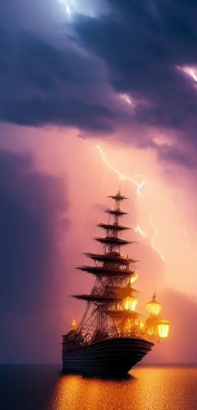 Mysterious ship illuminated by lightning on a stormy sea.