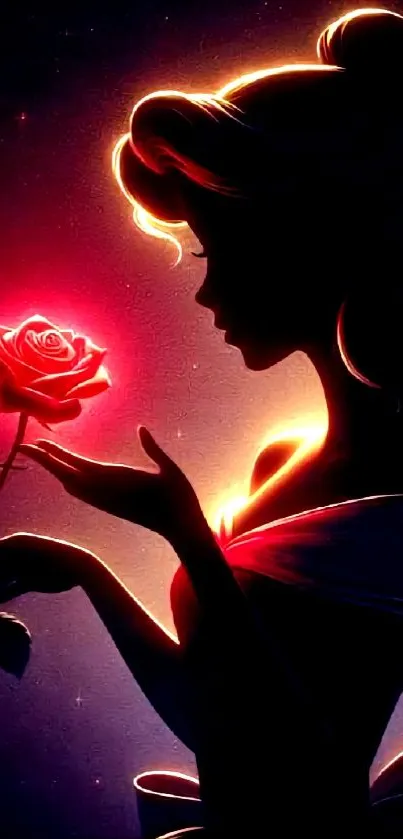 Silhouette of a woman with glowing rose in dark vibrant colors.