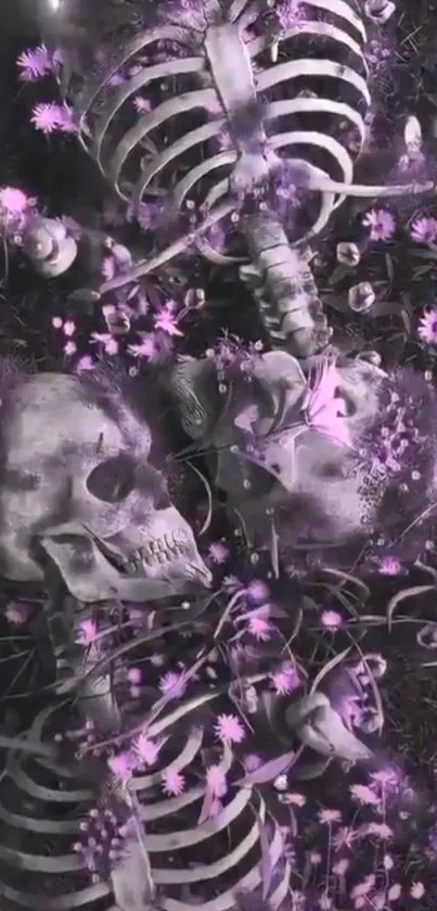 Skeletons entwined with purple flowers in a surreal art scene.