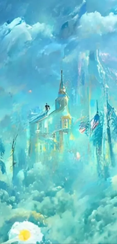 Enchanted castle floating in dreamy clouds with a sky blue background