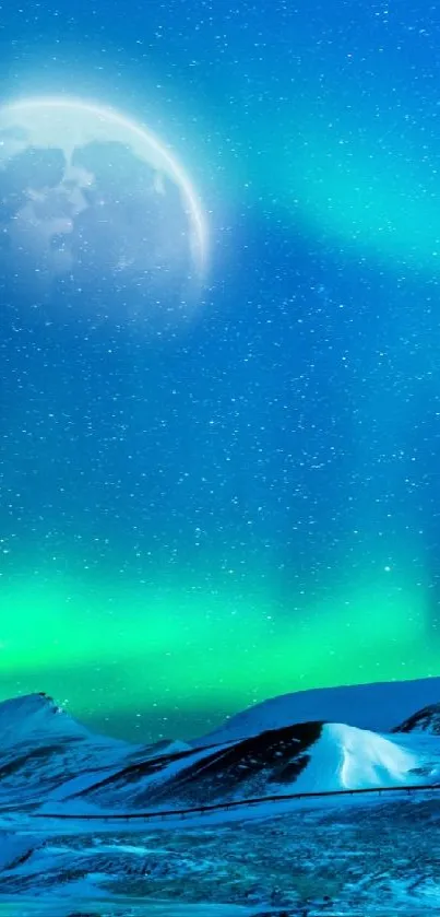 Aurora borealis over snowy peaks and glowing moonlit sky.