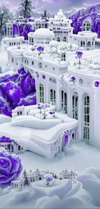 Enchanting snowy castle with purple roses and vibrant colors.