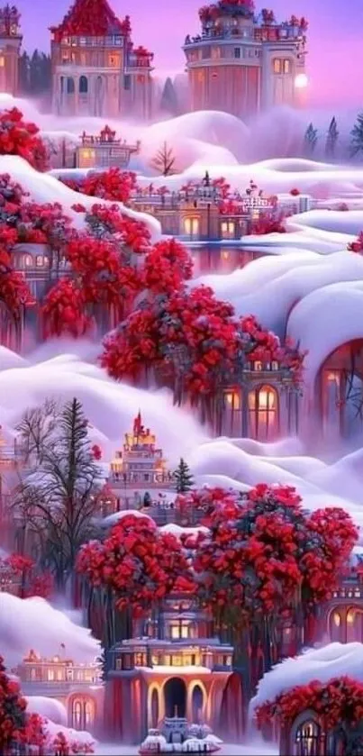 Enchanted snowy castle with red trees in a twilight scene.