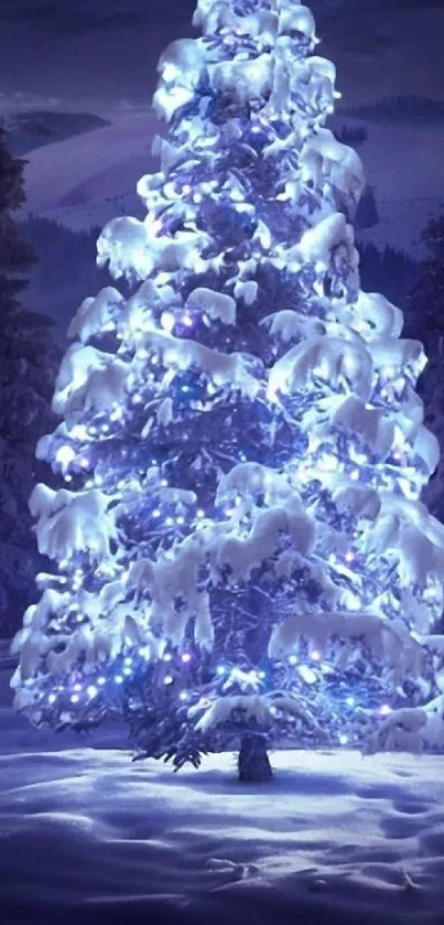 A glowing snowy Christmas tree under a starry night sky.