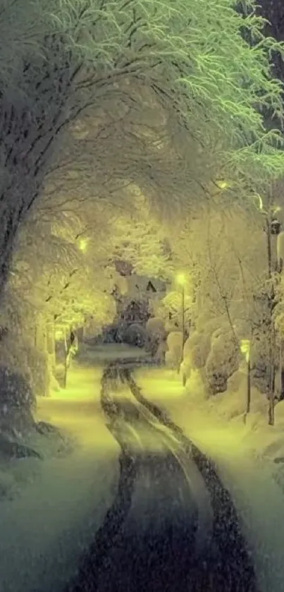 Snowy village road illuminated at night with glowing streetlights.