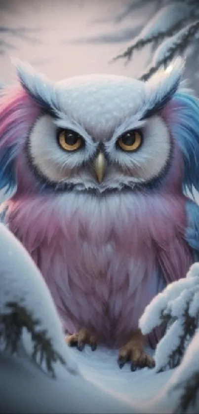 Enchanted pink and blue owl in snowy forest.