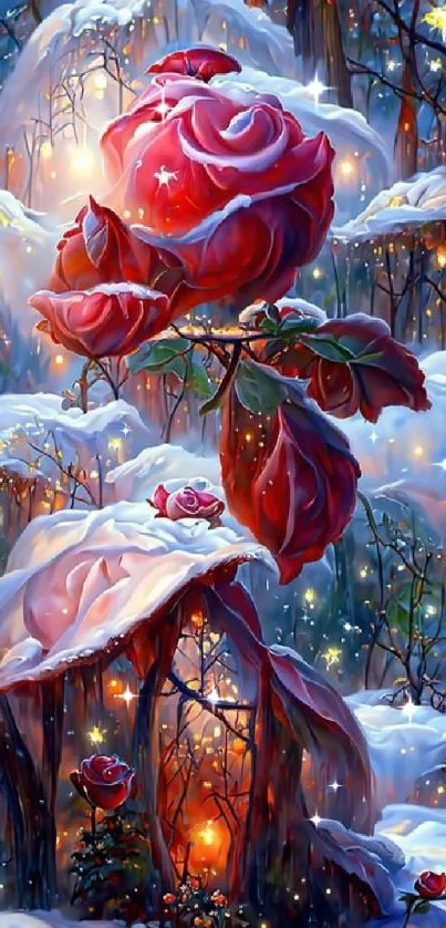 Magical scene with glowing roses in a snowy forest.